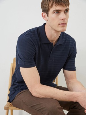 LC Waikiki Lacivert Polo Yaka Çizgili Pike Erkek Tişört
