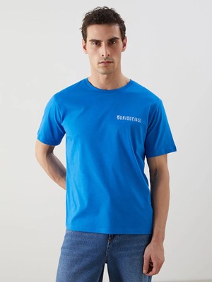 LC Waikiki Mavi Bisiklet Yaka Kısa Kollu Baskılı Penye Erkek Tişört