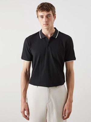 LC Waikiki Siyah Polo Yaka Çizgili Erkek Dokulu Tişört