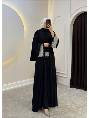 Molly Nelly Kadın Uzun Kolları Taş Detaylı Kuşaklı Krep Abaya