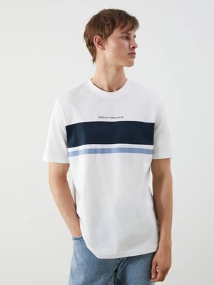 LC Waikiki Ekru Bisiklet Yaka Baskılı Penye Erkek Tişört