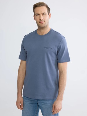 LC Waikiki Indigo Bisiklet Yaka Nakışlı Bol Fit Interlok Erkek Tişört