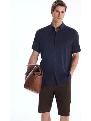 LC Waikiki Lacivert Regular Fit Kısa Kollu Keten Görünümlü Erkek Gömlek