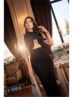 Fashion Cocktail Soyut Akışkan Stilize Tokalı Vücudu Saran Jarse Likralı Drapeli Uzun Davet Kokteyl Gece Elbise