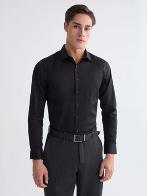 LC Waikiki Siyah Slim Fit Gabardin Erkek Gömlek