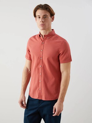 LC Waikiki Mercan Slim Fit Kısa Kollu Keten Karışımlı Erkek Gömlek