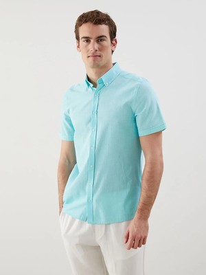 LC Waikiki Yeşil Slim Fit Kısa Kollu Keten Karışımlı Erkek Gömlek