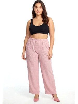 Veralya Moda Kadın Pudra Pembe Dokulu Büyük Beden Cepli Pijama Altı