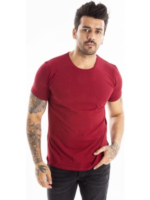 Rizzup Erkek/unisex Bordo Slim Fit Dar Kesim Bisiklet Yaka Pamuklu Likralı Basic Tişört 1801131