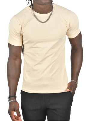 Rizzup Erkek/unisex Krem Slim Fit Dar Kesim Bisiklet Yaka Pamuklu Likralı Basic Tişört 1801131