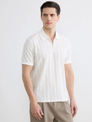 LC Waikiki Ekru Polo Yaka Çizgili Erkek Tişört