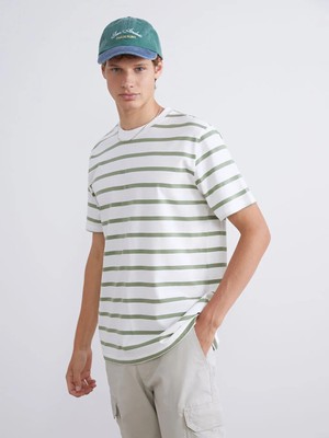 LC Waikiki Yeşil Bisiklet Yaka Çizgili Penye Erkek Tişört