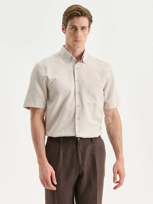 LC Waikiki Bej Regular Fit Kısa Kollu Keten Görünümlü Erkek Gömlek