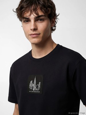 LC Waikiki Siyah Oversize Bisiklet Yaka New York Baskılı Erkek Tişört