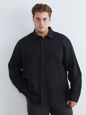 LC Waikiki Siyah Büyük Beden Regular Fit Uzun Kollu Keten Görünümlü Erkek Gömlek