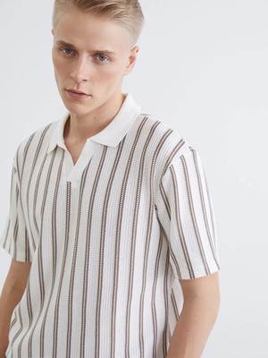 LC Waikiki Bej Polo Yaka Çizgili Penye Erkek Tişört