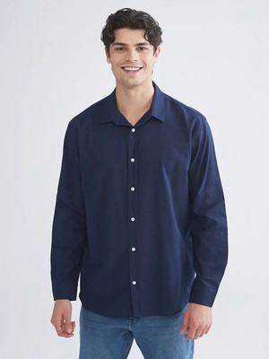 LC Waikiki Lacivert Regular Fit Uzun Kollu Keten Karışımlı Erkek Gömlek