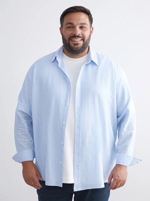 LC Waikiki Mavi Büyük Beden Keten Karışımlı Erkek Gömlek