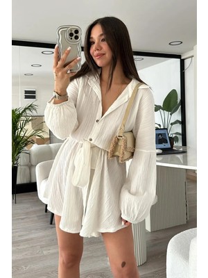 Fashion Cocktail Uzun Kol Casual Kabartma Kumaş Yakalı Düğmeli Boyfriend Gömlek Stil Şortlu Tulum