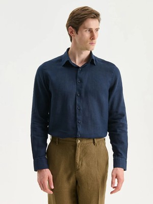 LC Waikiki Lacivert Regular Fit Uzun Kollu Keten Erkek Gömlek