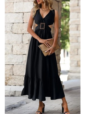 Fashion Cocktail Sırtı Omuzdan Bağlamalı Korseli Kare Degaje Tokalı Bel Yan Pencereli Uzun Yazlık Tatil Maxi Elbise