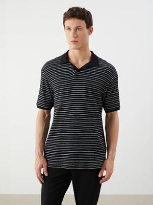 LC Waikiki Siyah Polo Yaka Çizgili Erkek Tişört