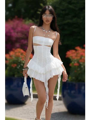 Fashion Cocktail Saçaklı Pencereli Askılı Mini Güpürlü Fistolu Dantelli Tasarım Bohem Ince Yazlık Harajuku Elbise