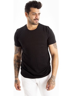 Rizzup Erkek/unisex Siyah Slim Fit Dar Kesim Bisiklet Yaka Pamuklu Likralı Basic Tişört 1801131