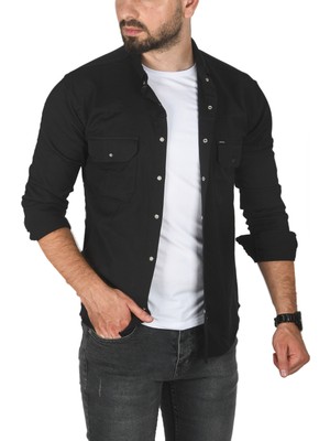 Rizzup Erkek Siyah Büyük Beden Pamuklu Likralı Spor Gömlek – Dar Kalıp, Çıt Çıt Kapamalı 2500423