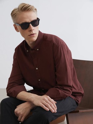 LC Waikiki Bordo Regular Fit Keten Görünümlü Erkek Gömlek