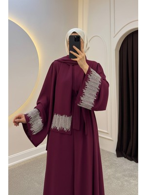 Molly Nelly Kadın Uzun Kolları Taş Detaylı Kuşaklı Krep Abaya