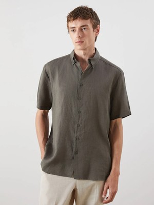 LC Waikiki Haki Regular Fit Kısa Kollu Keten Erkek Gömlek