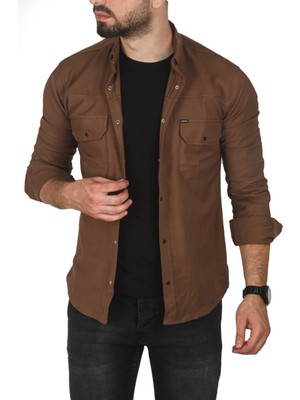 Rizzup Erkek Kahve Büyük Beden Pamuklu Likralı Spor Gömlek – Dar Kalıp, Çıt Çıt Kapamalı 2500423