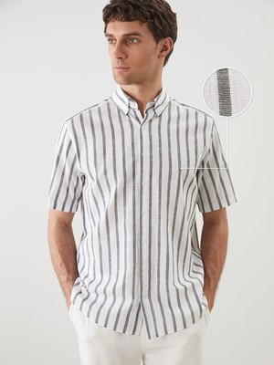 LC Waikiki Haki Regular Fit Kısa Kollu Çizgili Keten Görünümlü Erkek Gömlek