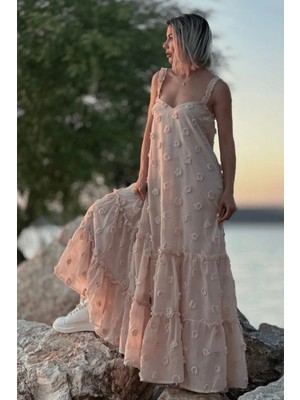 Fashion Cocktail Fırfır Askılı Kumaş Çiçekli Astarlı Maxi Yazlık Bohem Sahil Tatil Elbise Camel