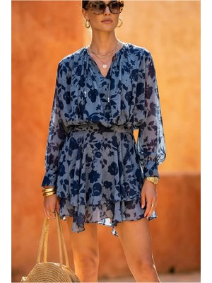 Fashion Cocktail Yapraklar Desenli Lifli Şifon Dökümlü Katlı Uçuşan Fiyonklu Mini Yazlık Romance Elbise