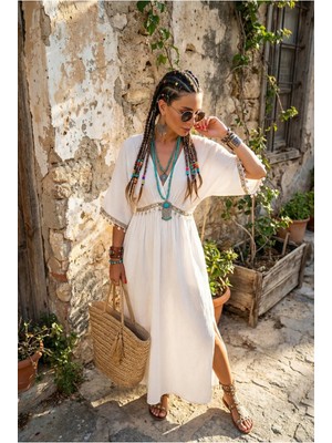 Fashion Cocktail Aynalı Pullu Deniz Kabuklu Anvelop Kelebek Robadan Kloş Yan Yırtmaçlı Cepli Tatil Müslin Boho Elbise