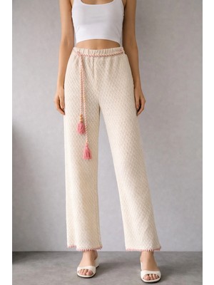 İnce Moda Giyim Yüksek Bel Hasır Dokulu Püskül Kemerli Pantolon – Ekru