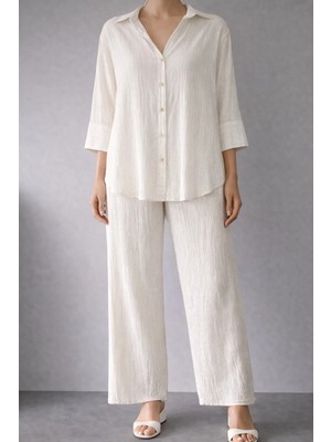 İnce Moda Giyim Ekru Doğal Dokulu Gömlek Pantolon 2’li Takım