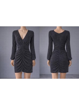 İnce Moda Giyim Siyah Simli Drapeli V Yaka Mini Elbise