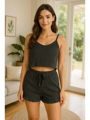 Store Mania Ieg™ Crop Takım - Askılı Crop Takım Likralı Siyah (S)