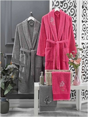 Tkçtb 4 Parça Aile Bornoz Seti Kadın Erkek Havlulu Bornoz Takımı 100 Fuşya Gri Tkçtb