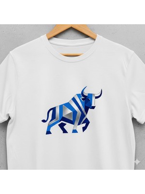 Texrium Modern Geometrik Boğa Illüstrasyon Baskılı Beyaz T-Shirt