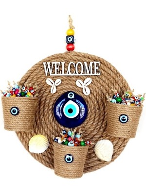 Store Mania Ieg™ Üç Saksılı Welcome Yazılı Deniz Kabuklu Nazar Boncuklu Hasır Kapı Süsü