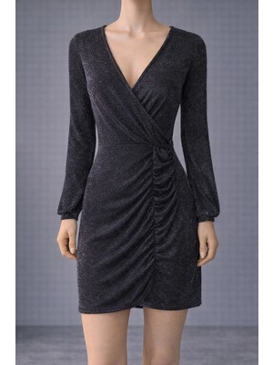 İnce Moda Giyim Siyah Simli Kruvaze Yaka Drapeli Mini Elbise