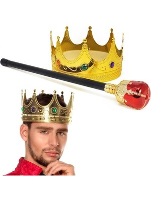 Store Mania Ieg™ Altın Renk 60 cm Kral Tacı Kraliyet Tacı ve Kırmızı Topuzlu Kral Asası Seti