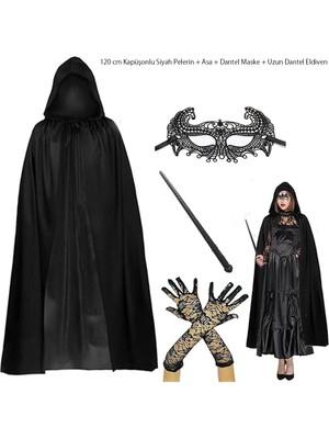 Store Mania Ieg™ 120 cm Kapüşonlu Siyah Pelerin + Asa + Dantel Maske + Uzun Dantel Siyah Eldiven Kostüm Set