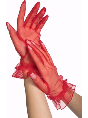 Store Mania Ieg™ Kısa Boy Likralı Güpürlü Yetişkin Tül Eldiven Kırmızı Renk ()