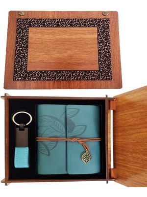 Store Mania Ieg™ Ahşap Kutulu Mavi Deri Defter ve Anahtarlık Set