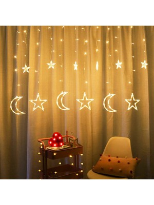Store Mania Ieg™ Gün Işığı - Ay-Yıldız 3mt - Fişli Eklemeli - Fonksiyonlu Lux Sarkıt Perde LED - Dekor